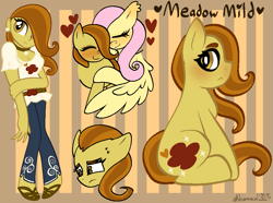 Size: 983x732 | Tagged: safe, fluttershy, earth pony, pony, equestria girls, g4, belt, choker, clothes, cutie mark on clothes, ear piercing, eyeshadow, female, gladiator sandals, heart, hug, jeans, lesbian, makeup, meadow mild, not an oc, pants, passepartout, piercing, self paradox, self ponidox, ship:meadowshy, shipping, skinny jeans, striped background, sweat, sweatdrop, winghug, wings