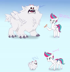 Size: 3817x3882 | Tagged: safe, artist:qeinone, cloudpuff, zipp storm, dog, pegasus, pony, g5, my little pony: tell your tale, pomeranian problems, spoiler:g5, spoiler:my little pony: tell your tale, dog treat, female, male, mare, smiling, snickers, starry eyes, wingding eyes, winged dog, wings, you're not you when you're hungry