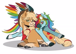 Size: 2250x1600 | Tagged: safe, artist:slapearl, applejack, rainbow dash, earth pony, pegasus, pony, g4, alternate hairstyle, applejack's hat, band-aid, band-aid on nose, bandana, cowboy hat, duo, duo female, female, freckles, goggles, goggles on head, grin, hat, lesbian, lying down, mare, markings, prone, redesign, ship:appledash, shipping, simple background, smiling, unshorn fetlocks, white background