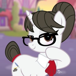 Size: 2000x2000 | Tagged: safe, artist:lovinglypromise, raven, pony, unicorn, g4, bangs, bedroom eyes, blushing, clothes, commission, commissioner:pony4koma, cute, female, glasses, hair bun, horn, makeup, mare, necktie, ravenbetes, secretary, simple background, smiling, solo, weapons-grade cute, ych result