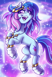 Size: 2000x3000 | Tagged: safe, artist:shad0w-galaxy, odessa evensong, cyborg, cyborg pony, earth pony, pony, g5, my little pony: tell your tale, the petal gala, leak, boots, cheek fluff, chest fluff, clothes, concave belly, ear fluff, ear piercing, earring, fangs, female, freckles, future, gold, headband, heart, high res, jewelry, looking at you, mare, music notes, necklace, open mouth, piercing, shoes, smiling, solo, uvula