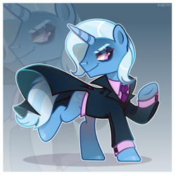 Size: 2290x2290 | Tagged: safe, artist:scarffist, derpibooru exclusive, trixie, pony, unicorn, g4, base used, clothes, cool, evil, evil smile, eyeshadow, gradient background, horn, long tail, makeup, male, necktie, purple eyes, rule 63, running, short mane, smiling, solo, tail, zoom layer