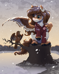 Size: 3000x3811 | Tagged: safe, artist:zuzu, oc, oc only, oc:mabel, bird, pegasus, clothes, cute, protecting, scenery, sitting, snow, snowfall, solo, sweater, tree stump