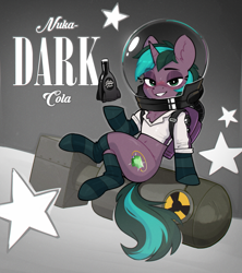 Size: 2051x2308 | Tagged: safe, alternate character, alternate version, artist:rexyseven, oc, pony, unicorn, fallout equestria, atomic bomb, blushing, bottomless, bubble helmet, clothes, commission, female, horn, mare, nuclear weapon, nuka cola, partial nudity, socks, solo, striped socks, weapon, ych result