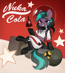 Size: 2051x2308 | Tagged: safe, alternate character, alternate version, artist:rexyseven, oc, pony, unicorn, fallout equestria, atomic bomb, bubble helmet, commission, female, horn, mare, nuclear weapon, nuka cola, solo, weapon, ych result