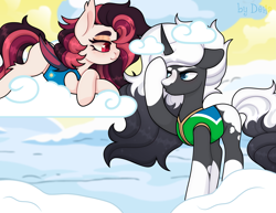 Size: 3659x2819 | Tagged: safe, artist:dena, oc, bat pony, pony, unicorn, g4, my little pony: friendship is magic, winter wrap up, angry, clothes, female, grope, horn, looking at each other, looking at someone, male, oc x oc, outdoors, shipping, smiling, winter