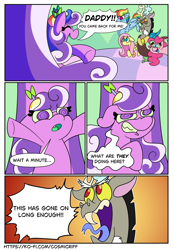 Size: 1640x2360 | Tagged: safe, artist:c0smicriff, discord, fluttershy, pinkie pie, rainbow dash, screwball, draconequus, earth pony, pegasus, pony, comic:a screwy reunion, g4, comic, female, male, mare, throne