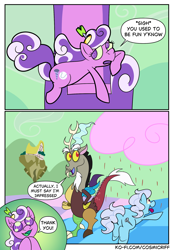 Size: 1640x2360 | Tagged: safe, artist:c0smicriff, discord, screw loose, screwball, draconequus, earth pony, pony, comic:a screwy reunion, g4, chocolate, chocolate rain, comic, female, food, male, mare, rain, throne