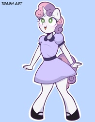 Size: 1607x2048 | Tagged: safe, artist:eltrash_art6, sweetie belle, unicorn, anthro, g4, clothes, dress, female, green eyes, horn, looking up, open mouth, pink mane, shoes, simple background, smiling, solo, white coat