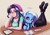 Size: 1414x1000 | Tagged: safe, artist:the-park, starlight glimmer, trixie, human, pony, unicorn, equestria girls, g4, beanie, breasts, cleavage, comic book, crackers, duo, duo female, eyebrows, female, food, hat, horn, human and pony, human coloration, looking at each other, looking at someone, lying down, mare, peanut butter, peanut butter crackers, prone, raised eyebrow, tablet