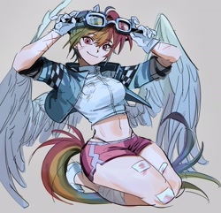 Size: 2048x1978 | Tagged: safe, artist:memoji_0708, rainbow dash, human, g4, band-aid, bandage, belly, belly button, clothes, eared humanization, eyebrows, eyebrows visible through hair, female, gloves, goggles, humanized, jacket, looking at you, midriff, scratches, short hair, shorts, simple background, smiling, solo, tail, tailed humanization, tomboy, winged humanization, wings