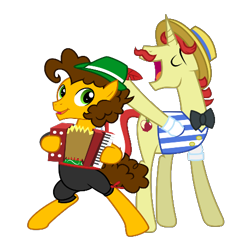 Size: 457x449 | Tagged: safe, edit, vector edit, cheese sandwich, flam, earth pony, pony, g4, accordion, bipedal, bowtie, clothes, crack shipping, facial hair, flamwich, gay, hat, male, musical instrument, open mouth, open smile, raised hoof, shipping, simple background, singing, smiling, stallion, transparent background, vector