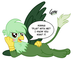 Size: 4096x3156 | Tagged: safe, artist:gregory-the-griffon, oc, oc only, oc:gregory griffin, griffon, g4, belly, blushing, chest fluff, lying down, male, on side, simple background, solo, speech bubble, sultry pose, transparent background