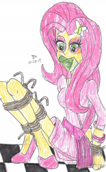 Size: 1280x2069 | Tagged: safe, artist:godzilla713, fluttershy, human, equestria girls, g4, bondage, female, gag, hands behind back, rope, rope bondage, ropes, sitting, solo, tied up