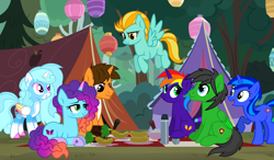 Size: 4000x2333 | Tagged: safe, artist:star-armour95, lightning dust, misty brightdawn, oc, oc:beauty spirit, oc:ej, oc:jemima sparkle, oc:rainbow flower, oc:star armour, alicorn, pegasus, unicorn, g4, g5, camping, female, g5 to g4, generation leap, horn, male, nature, outdoors