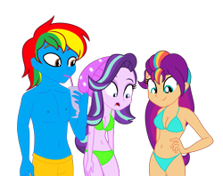 Size: 2361x1870 | Tagged: safe, artist:shieldwingarmorofgod, starlight glimmer, sunny starscout, oc, oc:shield wing, human, equestria girls, g4, g5, beanie, bikini, clothes, female, g5 to g4, generation leap, hat, male, mane stripe sunny, simple background, swimming trunks, swimsuit, transparent background, trio