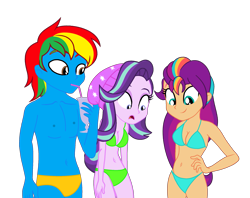 Size: 2361x1870 | Tagged: safe, artist:shieldwingarmorofgod, starlight glimmer, sunny starscout, oc, oc:shield wing, human, equestria girls, g4, g5, bikini, clothes, female, male, mane stripe sunny, simple background, speedo, swimsuit, transparent background, trio