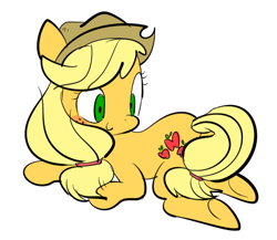 Size: 548x476 | Tagged: safe, artist:isomaru, applejack, earth pony, g4, applejack's hat, closed mouth, cowboy hat, cute, female, full body, hat, looking back, lying down, mare, prone, simple background, smiling, solo, underhoof, white background