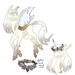 Size: 2048x2048 | Tagged: safe, artist:sugar lollipop, oc, oc only, oc:iris, changeling, changeling queen, albino, blind, changeling oc, cute, digital art, female, floral head wreath, flower, simple background, story, story in the source, story included