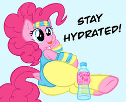 Size: 2360x1918 | Tagged: safe, artist:catponything, pinkie pie, earth pony, pony, g4, :p, arm warmers, balloonbutt, butt, clothes, dock, female, headband, hoof on cheek, leggings, leotard, lying down, mare, on side, plot, smiling, solo, sweatband, tail, text, tongue out, underhoof, water bottle