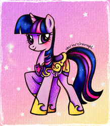 Size: 2423x2785 | Tagged: safe, artist:dariarchangel, twilight sparkle, pony, unicorn, g4, abstract background, alternate universe, armor, bangs, blushing, captain of royal guards armor, captain of the royal guards, confident, cute, female, golden armor, guardsmare, hoof shoes, long tail, mare, purple coat, purple eyes, raised hoof, royal guard, royal guard armor, royal guard twilight sparkle, smiling, solo, standing, standing on three hooves, stars, tail, three toned hair, three toned mane, three toned tail, traditional art, twiabetes, unicorn twilight