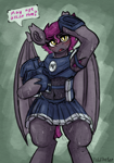 Size: 996x1426 | Tagged: safe, artist:reddthebat, oc, oc only, oc:selena (reddthebat), bat pony, pony, semi-anthro, abstract background, armpit hair, armpits, bat pony oc, belly, belly button, clothes, dialogue, fangs, female, guard armor, guardsmare, helmet, lidded eyes, mare, night guard, open mouth, royal guard, see-through, signature, solo, speech bubble, sweat, talking to viewer, underhoof, ye olde english