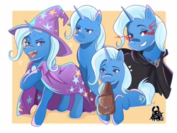 Size: 2934x2190 | Tagged: safe, artist:inkrred, trixie, pony, unicorn, g4, magic duel, my little pony: friendship is magic, to where and back again, alicorn amulet, bag, eye mist, female, grin, high res, horn, lidded eyes, mare, mouth hold, open mouth, open smile, passepartout, saddle bag, smiling, solo, to saddlebags and back again