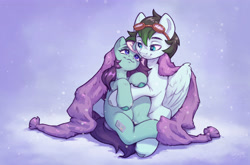 Size: 4095x2709 | Tagged: safe, artist:amishy, oc, oc only, oc:gryph xander, oc:parallel pop, pegasus, pony, unicorn, blanket, cuddling, female, goggles, goggles on head, horn, hug, looking at each other, looking at someone, male, mare, oc x oc, shipping, smiling, smiling at each other, stallion, straight