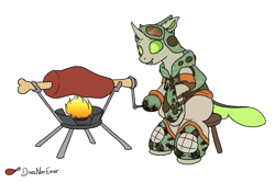 Size: 3000x2000 | Tagged: safe, artist:copycat, artist:theandymac, oc, oc only, oc:copycat, changedling, changeling, changedling oc, changeling oc, fire, food, grill, meat, monster hunter, steak