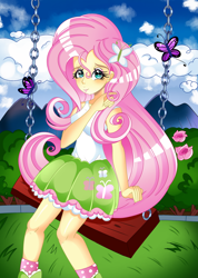 Size: 1280x1796 | Tagged: safe, artist:sailorglittercure, fluttershy, butterfly, human, equestria girls, g4, blushing, clothes, cloud, cloudy, cyan eyes, detailed background, female, grass, grass field, looking at you, pink hair, river, shirt, skirt, sky, solo, solo female, swing, swinging, water, white shirt, yellow skin