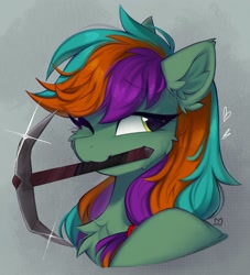 Size: 1632x1801 | Tagged: safe, artist:lerk, oc, oc only, pony, g4, bust, green coat, looking sideways, multicolored mane, one eye closed, pickaxe, simple background, yellow eyes