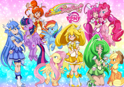 Size: 1280x901 | Tagged: safe, artist:sailorglittercure, applejack, fluttershy, pinkie pie, rainbow dash, rarity, twilight sparkle, g4, crossover, female, glitter force, gradient background, mane six, pretty cure, smile precure