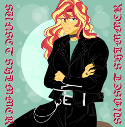 Size: 1170x1195 | Tagged: safe, artist:xxxlauravalentinexxx, sunset shimmer, human, g4, chains, choker, clothes, crossed arms, female, jacket, leather, leather jacket, looking at you, simple background, solo, solo female, sunset shimmer is not amused, two toned hair, unamused