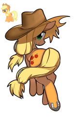 Size: 612x997 | Tagged: safe, artist:gggjln, applejack, earth pony, pony, g4, applejack's hat, cowboy hat, female, hat, horseshoes, looking at you, looking back, looking back at you, mare, simple background, smiling, solo, underhoof, white background