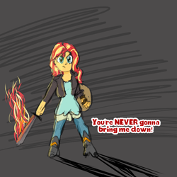 Size: 750x750 | Tagged: safe, artist:zoeyhorse, sunset shimmer, human, equestria girls, g4, female, fire, flaming sword, frown, shield, solo, sword, text, weapon