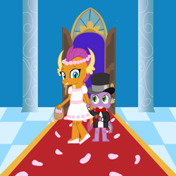 Size: 2048x2048 | Tagged: safe, artist:lnx1ynight16, smolder, spike, dragon, g4, basket, carpet, clothes, dress, floral head wreath, flower, flower girl, holding hands, horns, marriage, ring bearer, tail, wedding, wings