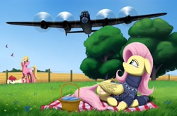 Size: 3900x2580 | Tagged: safe, artist:unicornchud, fluttershy, lily valley, pegasus, equestria at war mod, g4, clothes, duo, duo female, female, grass, grass field, picnic, sky, sweater, tree