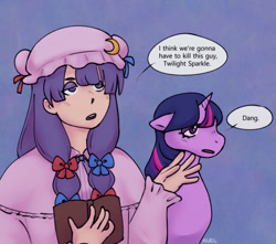 Size: 1013x896 | Tagged: safe, artist:auelnight, twilight sparkle, human, unicorn, g4, book, crossover, horn, i think we're gonna have to kill this guy, meme, patchouli knowledge, touhou, twichouli