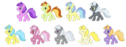 Size: 1200x450 | Tagged: safe, artist:tsukisayu, amethyst star, lemony gem, lilac notes, silverspeed, sparkler, pegasus, pony, unicorn, g4, :d, ^^, aside glance, background pony, cyan mane, cyan tail, eyes closed, female, folded wings, full body, gray coat, gray mane, gray tail, grin, group, horn, lavender mane, lavender tail, looking at you, looking forward, mare, open mouth, open smile, purple coat, purple eyes, purple mane, purple tail, red eyes, red mane, red tail, side view, simple background, smiling, smiling at you, tail, two toned mane, walking, white background, wings