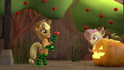 Size: 1920x1080 | Tagged: safe, artist:bapples, applejack, fluttershy, bat pony, g4, 3d, apple, bat ponified, clothes, flutterbat, food, grass, halloween, holiday, jack-o-lantern, pumpkin, race swap, socks, source filmmaker, striped socks, tree