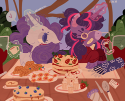 Size: 1600x1300 | Tagged: safe, rarity, twilight sparkle, unicorn, g4, alternate universe, blushing, cake, cupcake, desert, female, food, fork, fruit, glass, horn, knife, lesbian, love, old lesbians, older, older rarity, older twilight, outdoors, ship:rarilight, shipping, spoon, unicorn twilight, utensils, wine glass