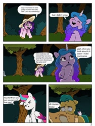 Size: 768x1024 | Tagged: safe, artist:starburstuwu, hitch trailblazer, izzy moonbow, pipp petals, zipp storm, earth pony, pegasus, pony, unicorn, series:my little pony: tales of a new era, g5, comic, dialogue, female, forest, hat, horn, lost, male, map, mare, nature, outdoors, stallion, tree