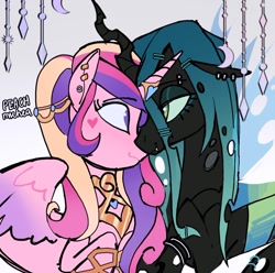 Size: 1160x1151 | Tagged: safe, artist:peachmichea, princess cadance, queen chrysalis, alicorn, changeling, changeling queen, pony, g4, alternate universe, duo, duo female, ear piercing, earring, female, gradient background, jewelry, lesbian, looking at each other, looking at someone, mare, piercing, ship:cadalis, shipping, signature, smiling, smiling at each other