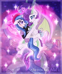 Size: 1212x1441 | Tagged: safe, artist:noreentheartist, oc, oc only, oc:fleur de cirey, oc:vanity, dracony, hybrid, pony, unicorn, g4, base used, beret, blushing, claws, clothes, duo, duo female, female, floating heart, floppy ears, hat, heart, heart eyes, holding each other, hoof shoes, horn, horns, interspecies offspring, lesbian, long eyelashes, looking into each others eyes, mare, oc x oc, offspring, offspring shipping, parent:fancypants, parent:fleur-de-lis, parent:rarity, parent:spike, parents:fancyfleur, parents:sparity, shipping, signature, sparkles, turtleneck, unicorn oc, wingding eyes, wings, zoom layer