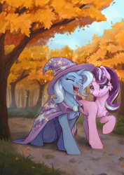 Size: 2480x3508 | Tagged: safe, artist:dorkmark, starlight glimmer, trixie, pony, unicorn, g4, autumn, cape, clothes, duo, duo female, female, forest, giant hat, happy, hat, horn, lesbian, mare, nature, open mouth, open smile, ship:startrix, shipping, smiling, tree, trixie's cape, trixie's hat