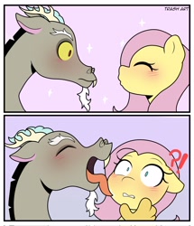 Size: 1762x2048 | Tagged: safe, artist:eltrash_art6, discord, fluttershy, draconequus, pegasus, pony, g4, blue eyes, blushing, confused, eyes closed, face licking, female, licking, looking at each other, looking at someone, male, meme, pink mane, ship:discoshy, shipping, straight, yellow coat