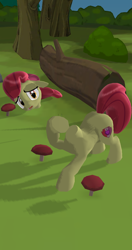 Size: 720x1368 | Tagged: safe, apple bloom, dullahan, pony, g4, 3d, 3d model, cg, concerned, cute, cutie mark, detachable, detachable head, disembodied head, female, filly, foal, forest, forest background, headless, log, modular, mushroom, nature, tree, wat