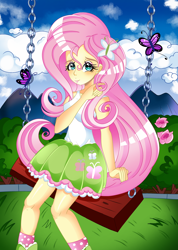 Size: 2122x2976 | Tagged: safe, artist:sailorglittercure, fluttershy, butterfly, human, equestria girls, g4, blushing, clothes, cloud, cloudy, detailed background, female, fluttershy's skirt, grass, grass field, looking at you, river, shirt, skirt, sky, solo, swing, swinging, water, white shirt