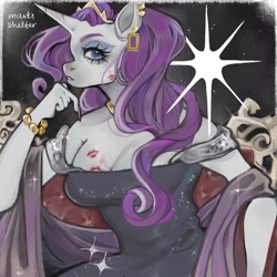 Size: 1280x1280 | Tagged: safe, artist:marksshelter, rarity, unicorn, anthro, g4, bare shoulders, black dress, bracelet, breasts, busty rarity, cleavage, clothes, dress, ear piercing, earring, female, hand on chin, horn, jewelry, kiss mark, lipstick, looking at you, mare, necklace, piercing, solo, tiara