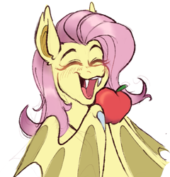 Size: 749x779 | Tagged: safe, artist:c1nn1m1n1, fluttershy, bat pony, pony, g4, apple, bat ponified, blushing, bust, eyes closed, fangs, female, flutterbat, food, happy, mare, open mouth, race swap, simple background, smiling, solo, white background, wing hold, wings